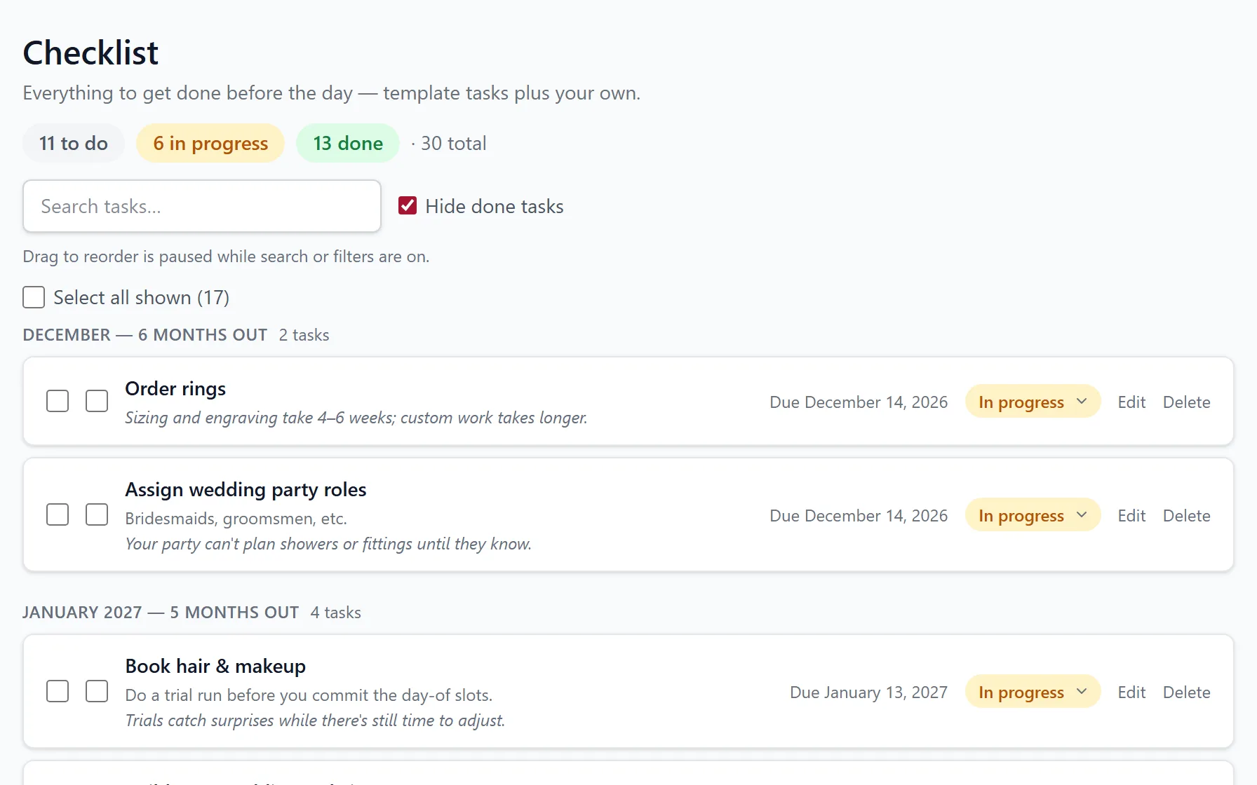 The checklist grouped by month, each task with a due date, a status and a short note on why it matters.