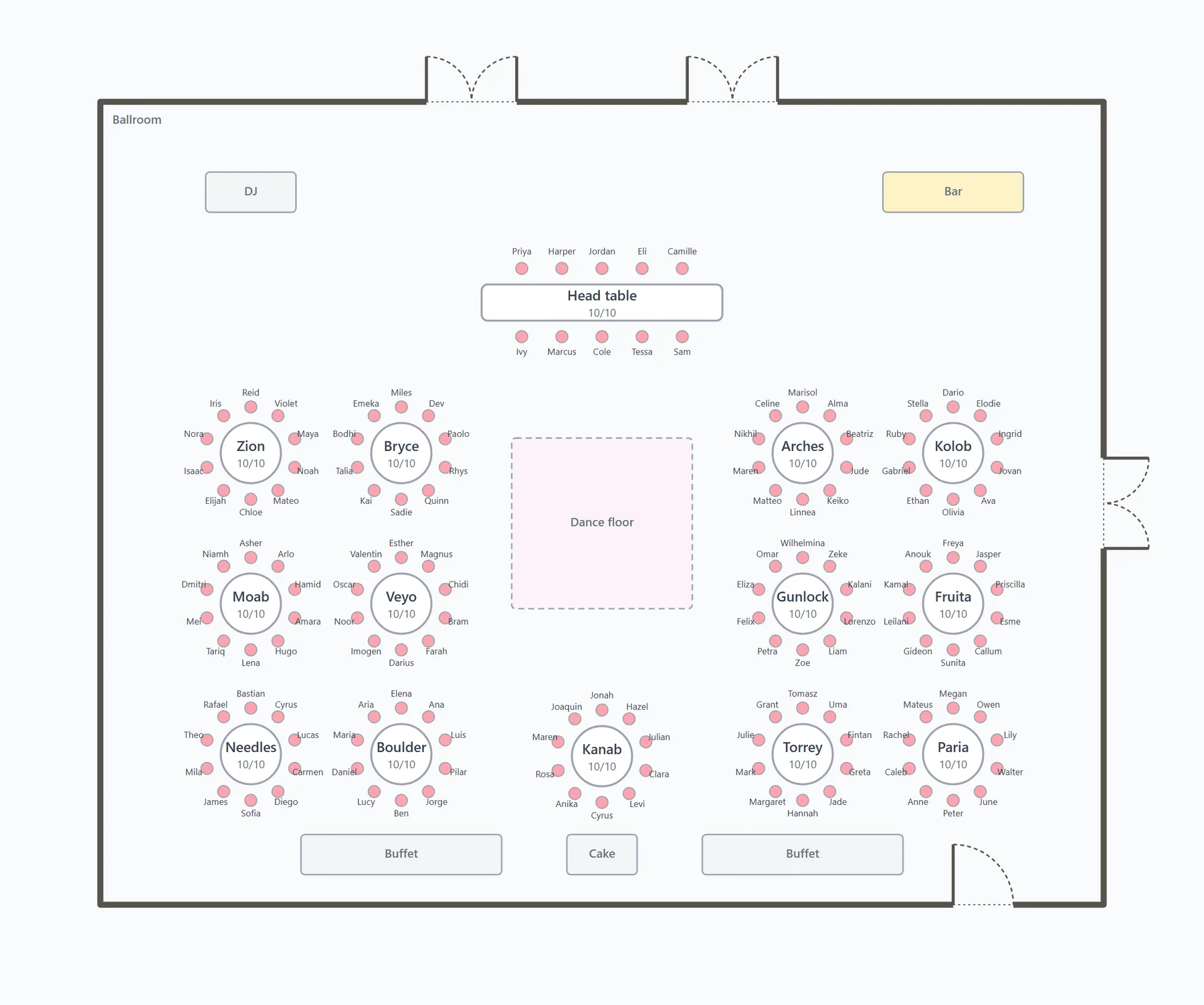 Ada and Rowan's reception plan: a head table and thirteen round tables of ten around a dance floor, with every guest's first name beside their chair, inside a ballroom with its doors drawn in.