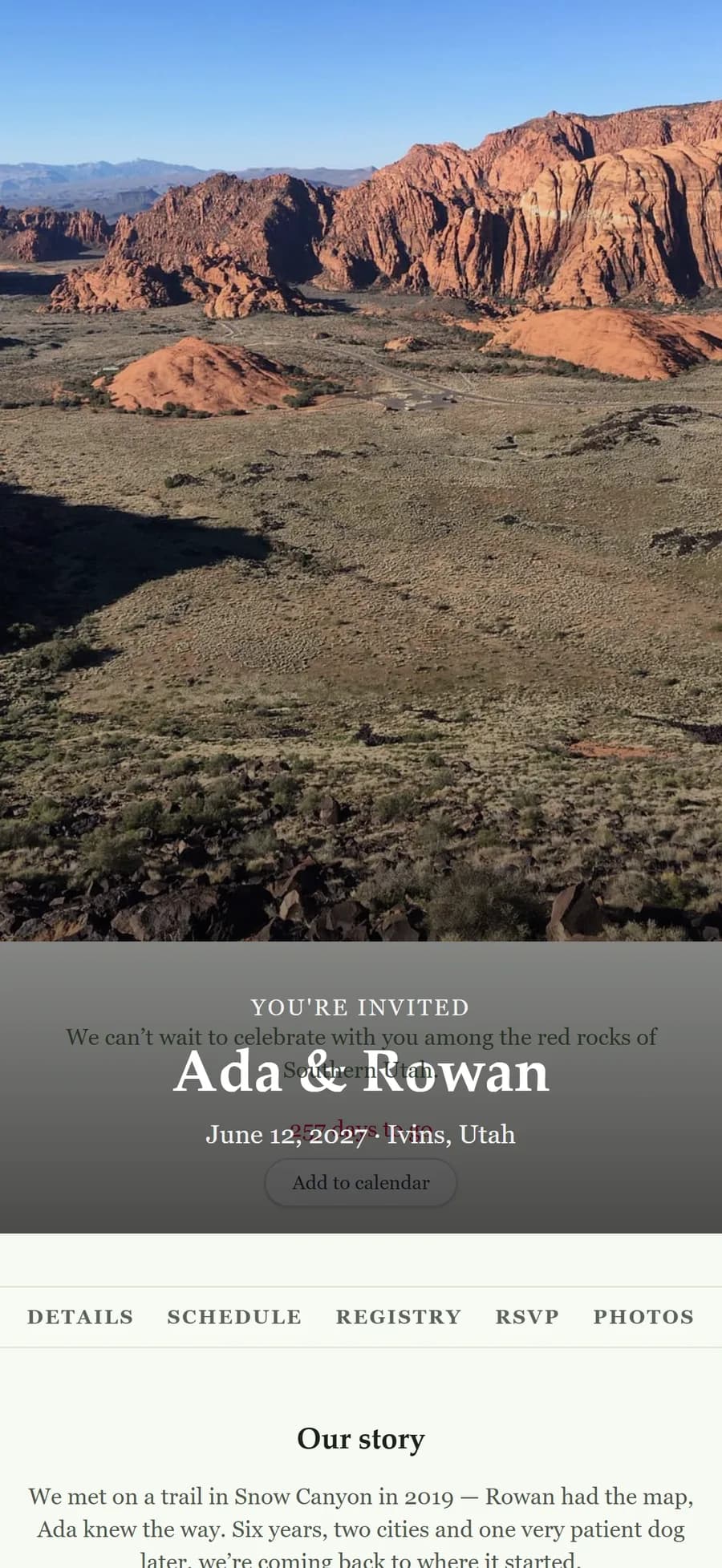 The couple's wedding website on a phone: June 12, 2027, Ada and Rowan, over a red-rock landscape, with the section menu below.