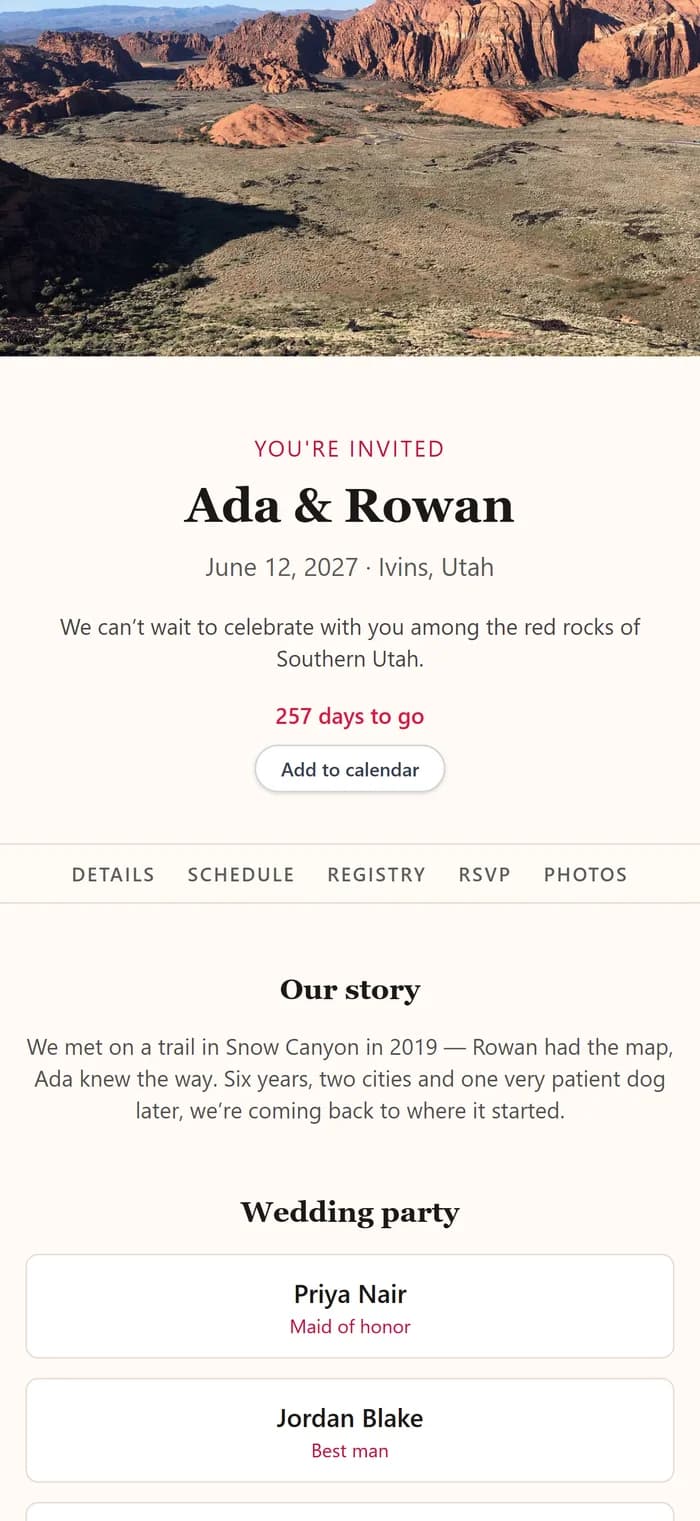 The couple's website in the Classic theme.