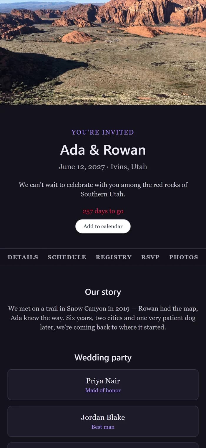 The couple's website in the Midnight theme.