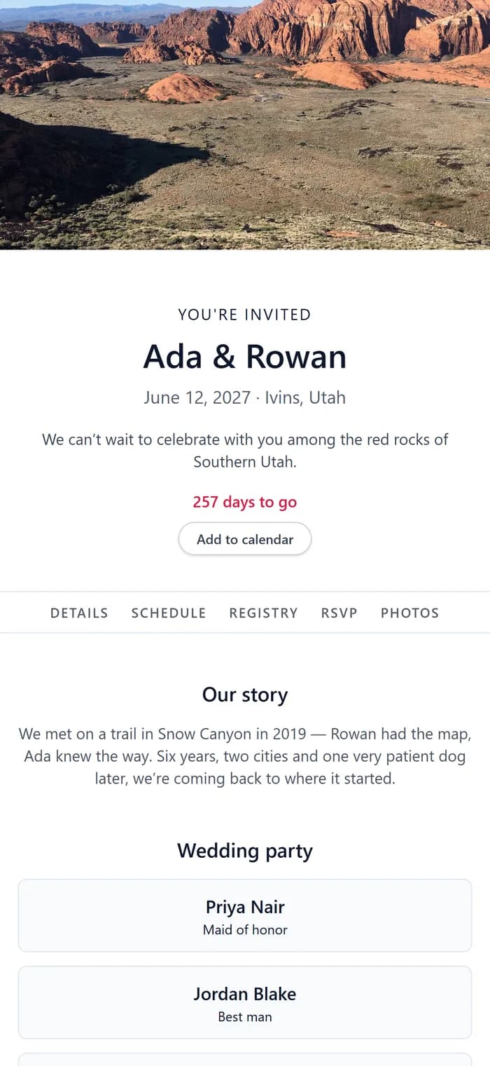 The couple's website in the Modern theme.